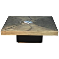 Artex Square Coffee Table by Belgali Acid Etched Brass and Agate Slice