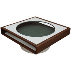 Square Mid-Century Modern Coffee or Sofa Table Inlaid with Circular Smoked Glass