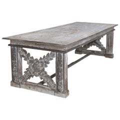 Large 19th Century Richly Carved Trestle Table in Original Paint from Tuscany