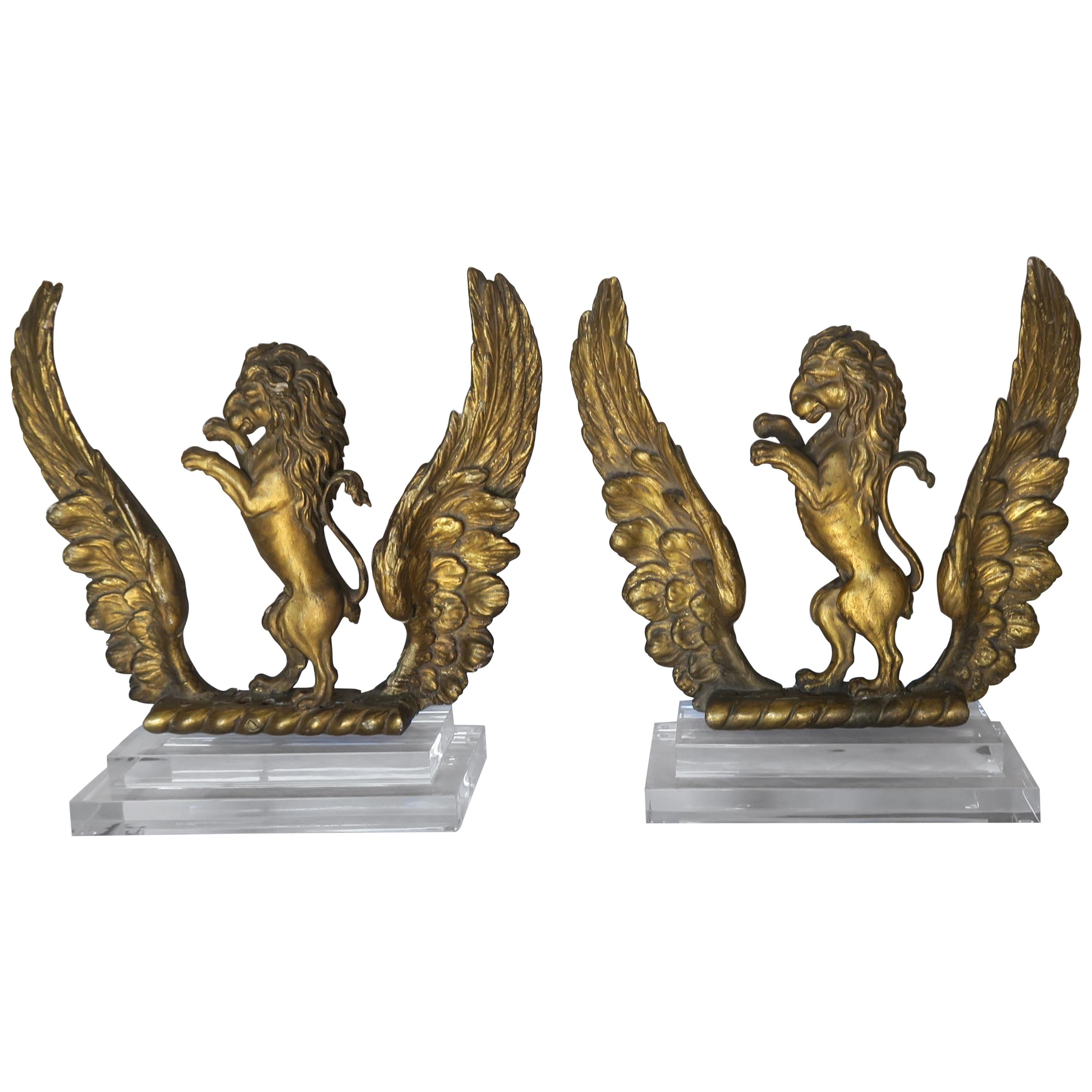 Pair of 19th Century Italian Giltwood Lions on Lucite Bases