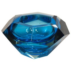 Flavio Poli Seguso VA Sommerso Faceted Bowl Clear Cobalt Uranium Yellow, 1960s