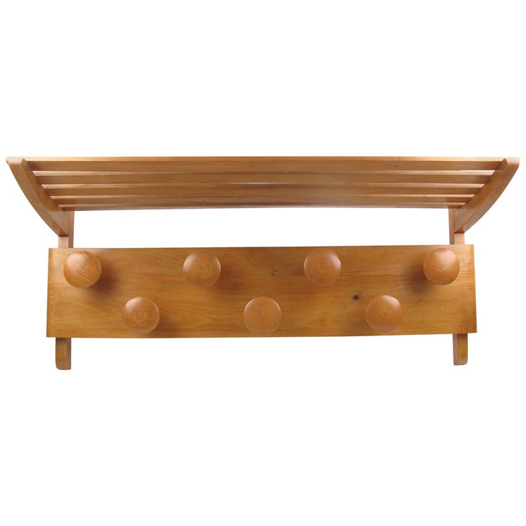 1950s Long Danish Maple Wood Wall Mounted Coat Rack and Storage For