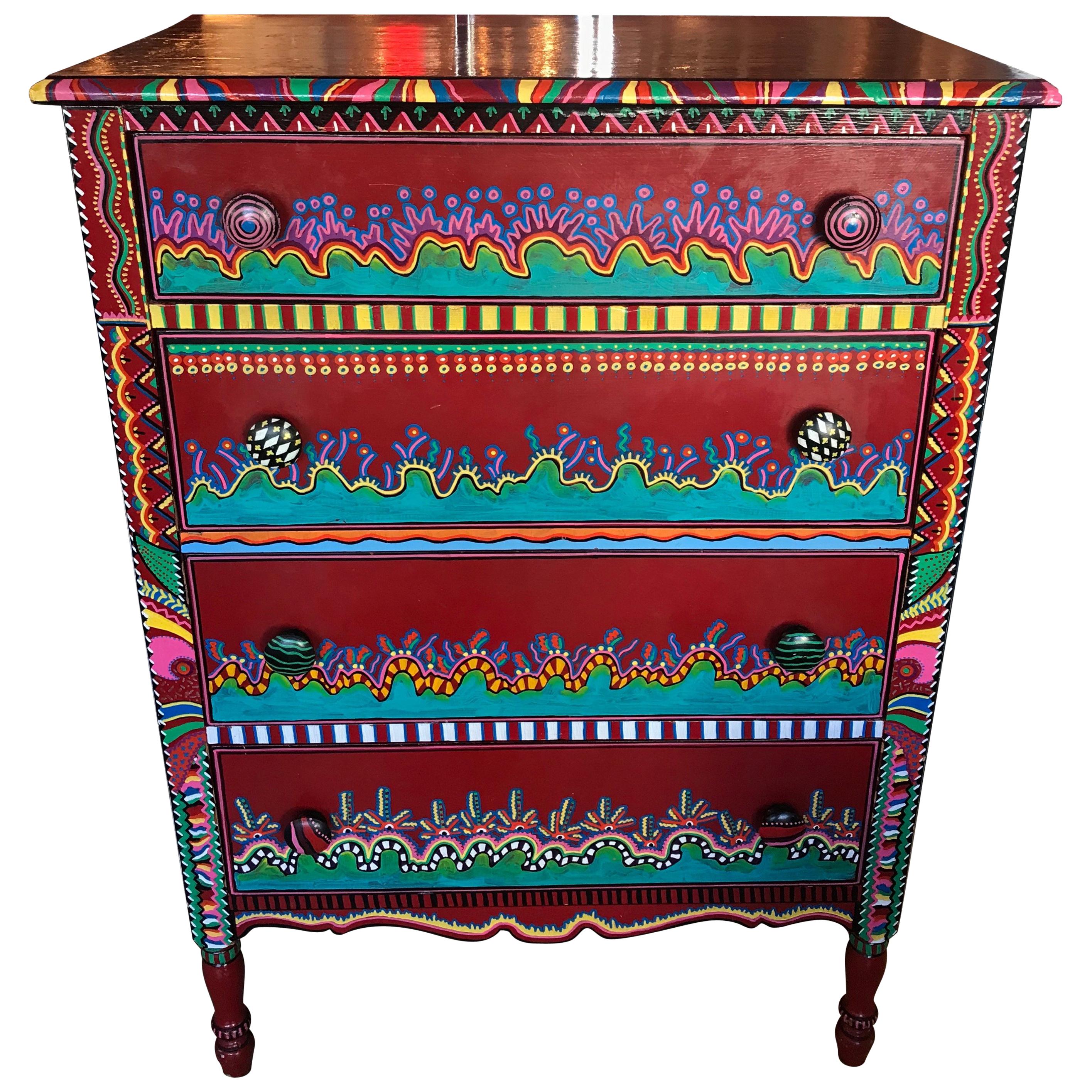 Hand Painted Postmodern Memphis Style Dresser