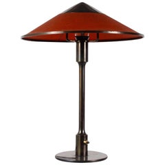 Danish Midcentury Bronze Patinated Thykier Table Lamp Amber Red Paper Shade