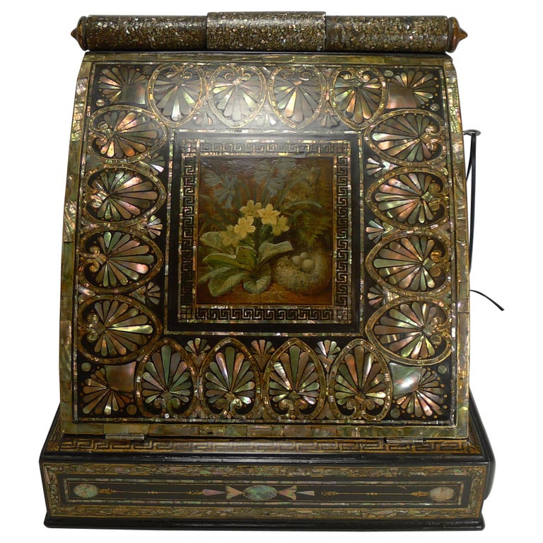 Grand Large Antique English Mother-of-Pearl Drinks Cabinet Dated Fabulous Antique English Mother of Pearl Inlaid Papier Mâché Writing Box - Grand Large Antique English Mother-of-Pearl Drinks Cabinet Dated