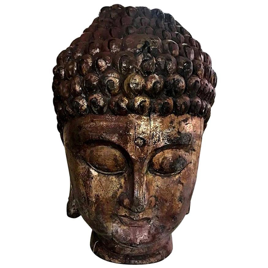 Large Carved Wood and Gilt Temple Shrine Buddha Head Bust
