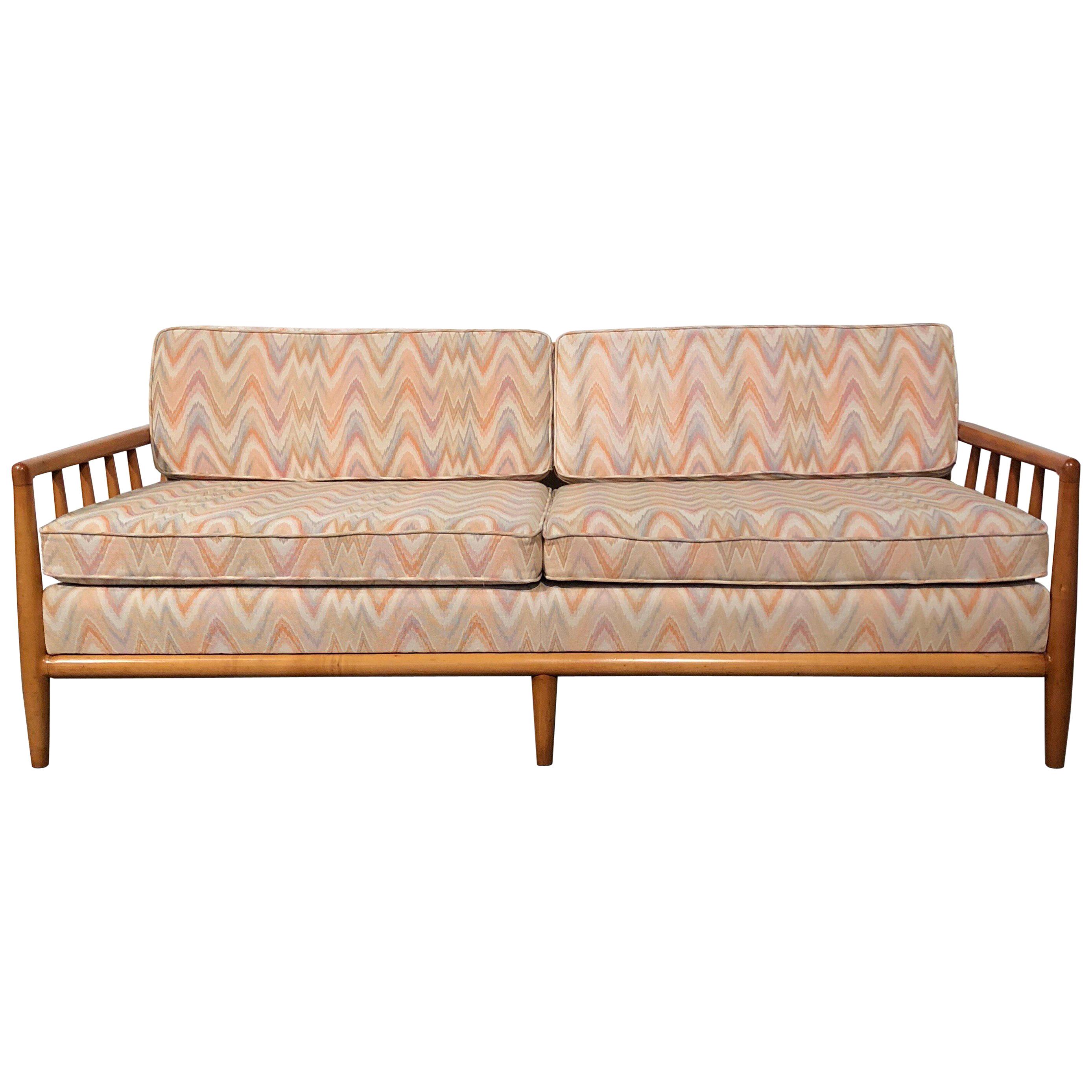 Mid-Century Modern Spindled Sofa in Vintage Flamestitch Fabric For Sale