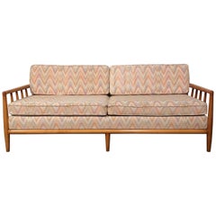 Mid-Century Modern Spindled Sofa in Vintage Flamestitch Fabric