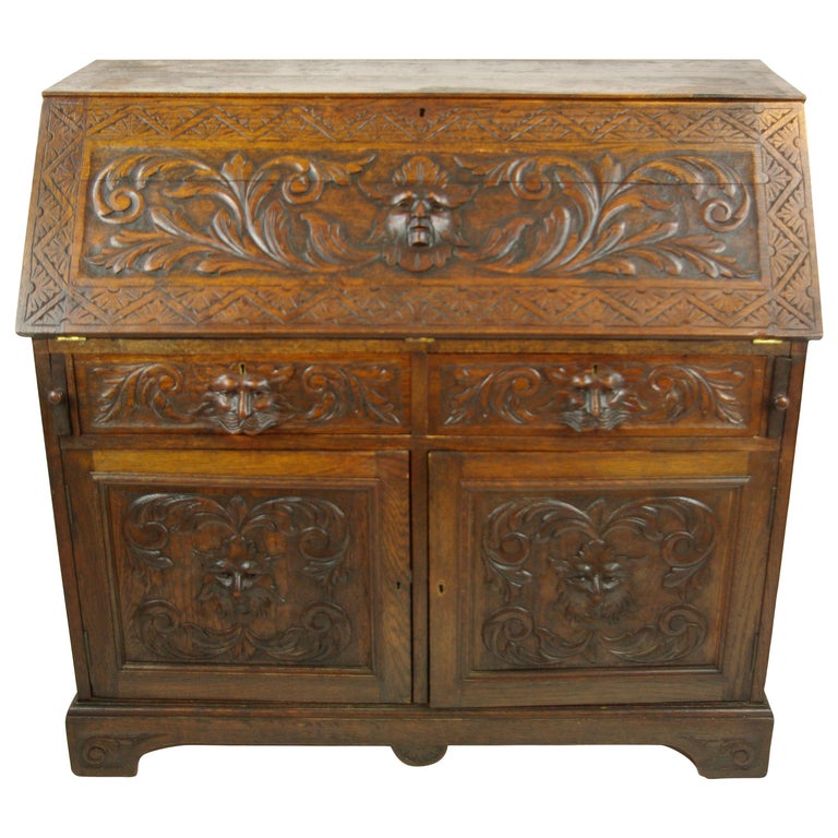 Antique Drop Front Desk, Tiger Oak, Slant Front Desk, Scotland B525 Slant Front Desk, Oak Antique Desk, Carved Oak Desk, Scotland, 1880, - Antique Drop Front Desk, Tiger Oak, Slant Front Desk, Scotland B525