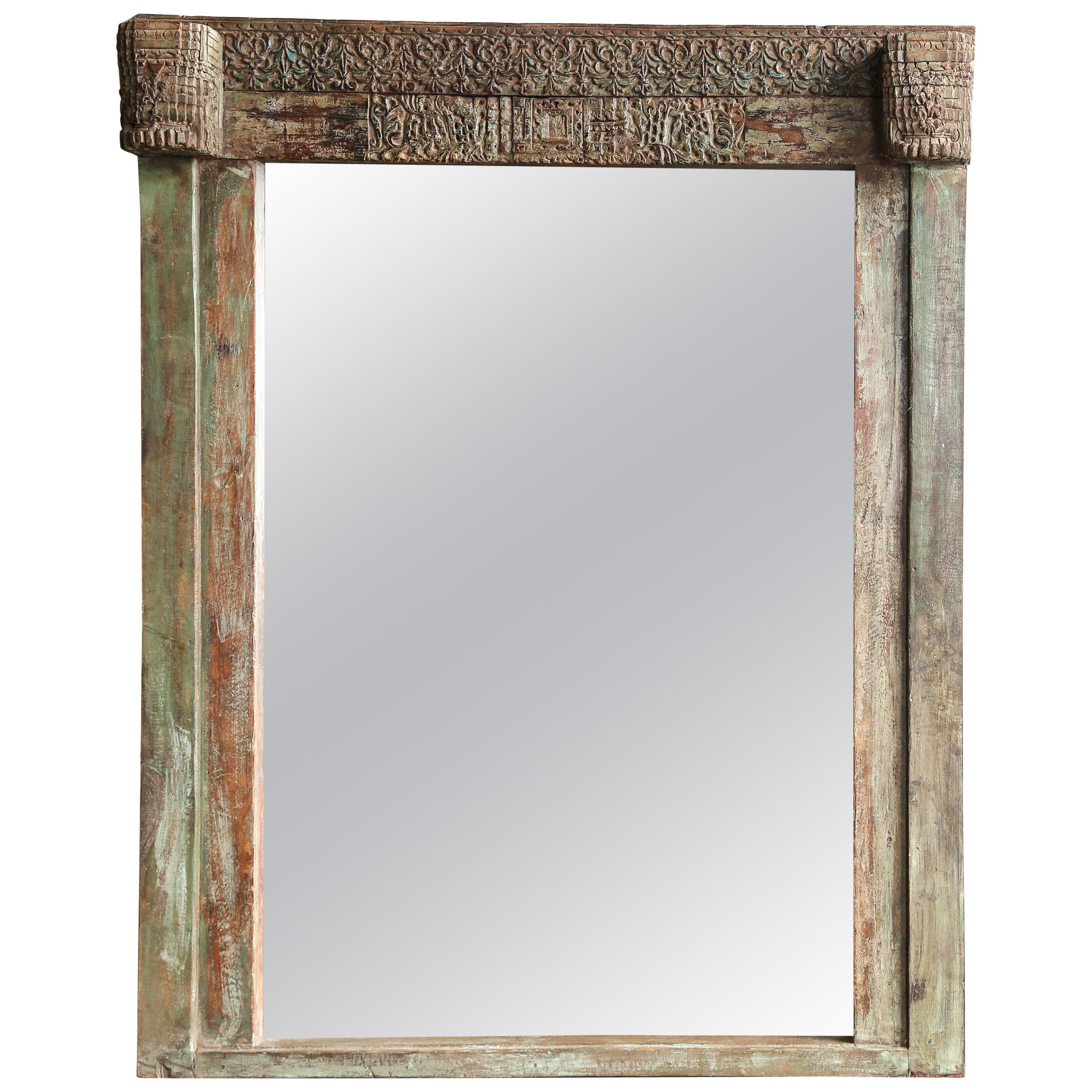 Classic Mirror Made Out of Early 19th Century Carved Teak Wood Window Frame For Sale