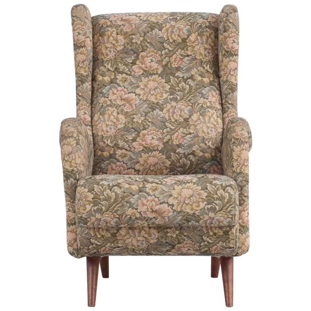 Italian Floral Patterned Fabric Wingback Chair, 1950s