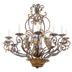 Gilbert Poillerat, Wrought Iron Art Deco Chandelier, Gilt Highlights, circa 1930