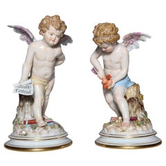 Meissen Porcelain Large Devisenkinder Cupid Figurines with Markings 1860s