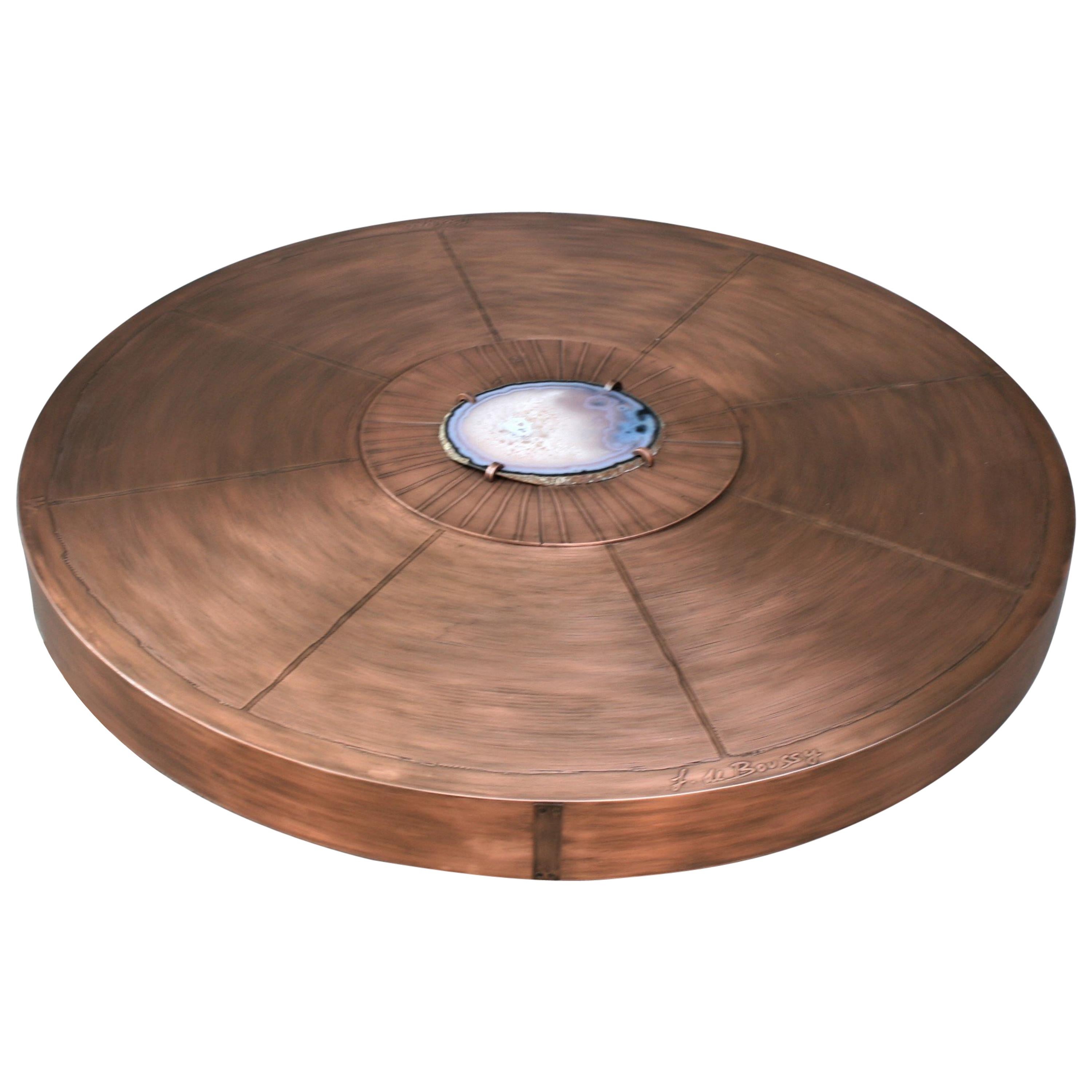 Round Cocktail Table by Belgali Acid Etched Copper and Agate Slices For Sale