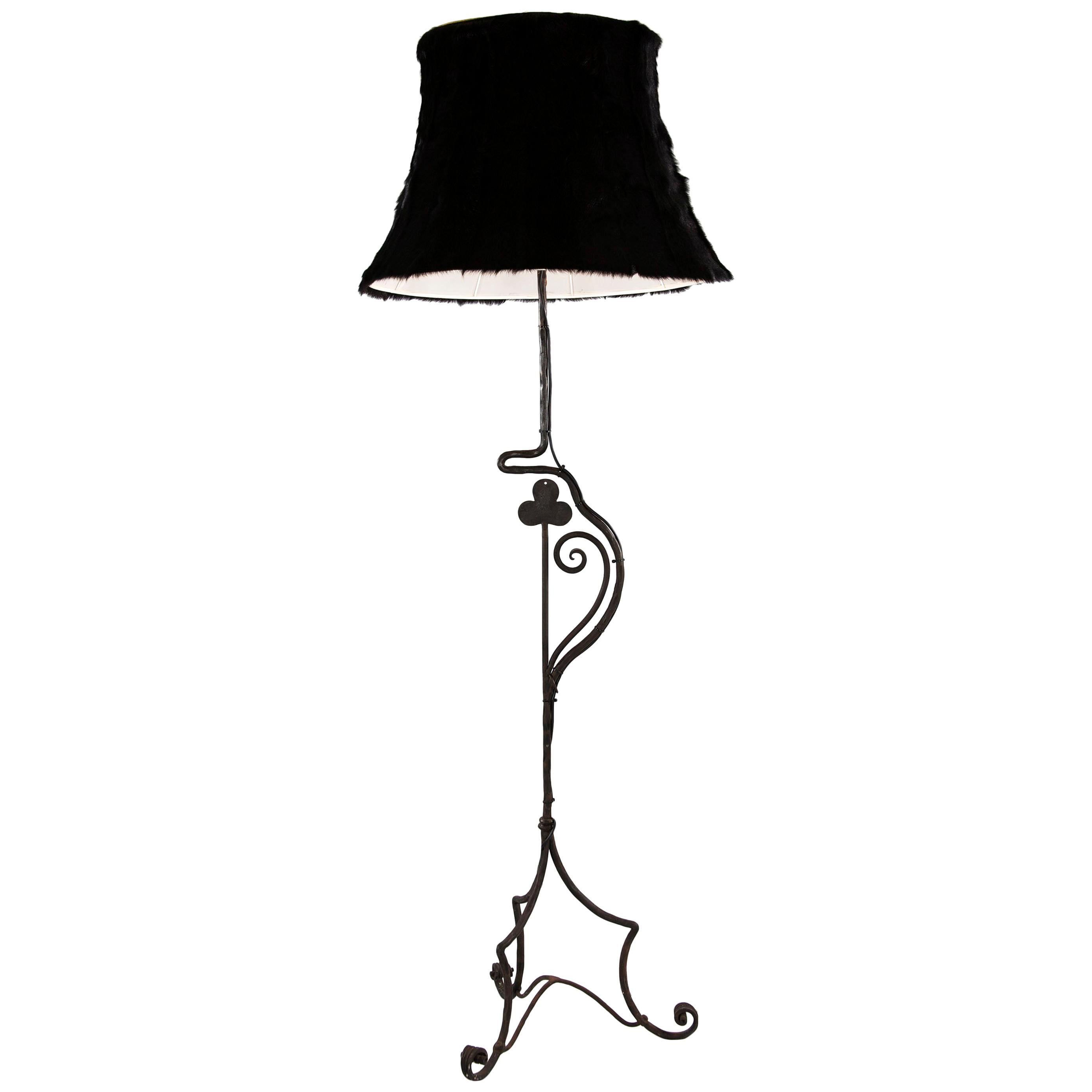 Wrought-Iron Floor Lamp with Black Fur Shade For Sale