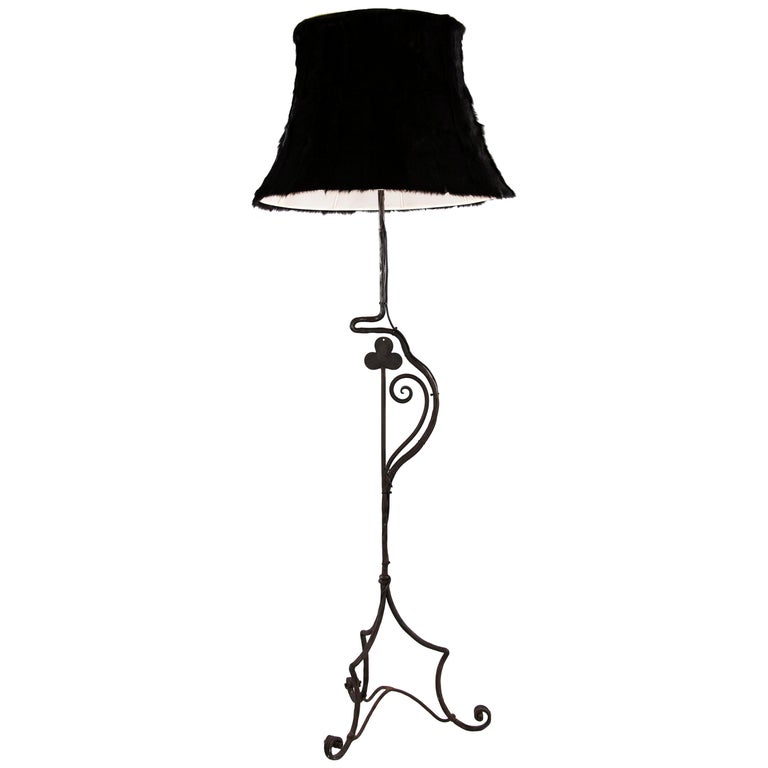 Wrought Iron Floor Lamp With Black Fur, Black Rod Iron Floor Lamps