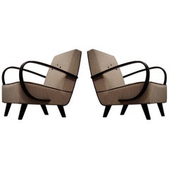 Pairs of Midcentury Beech and Fabric Armchairs, 1950