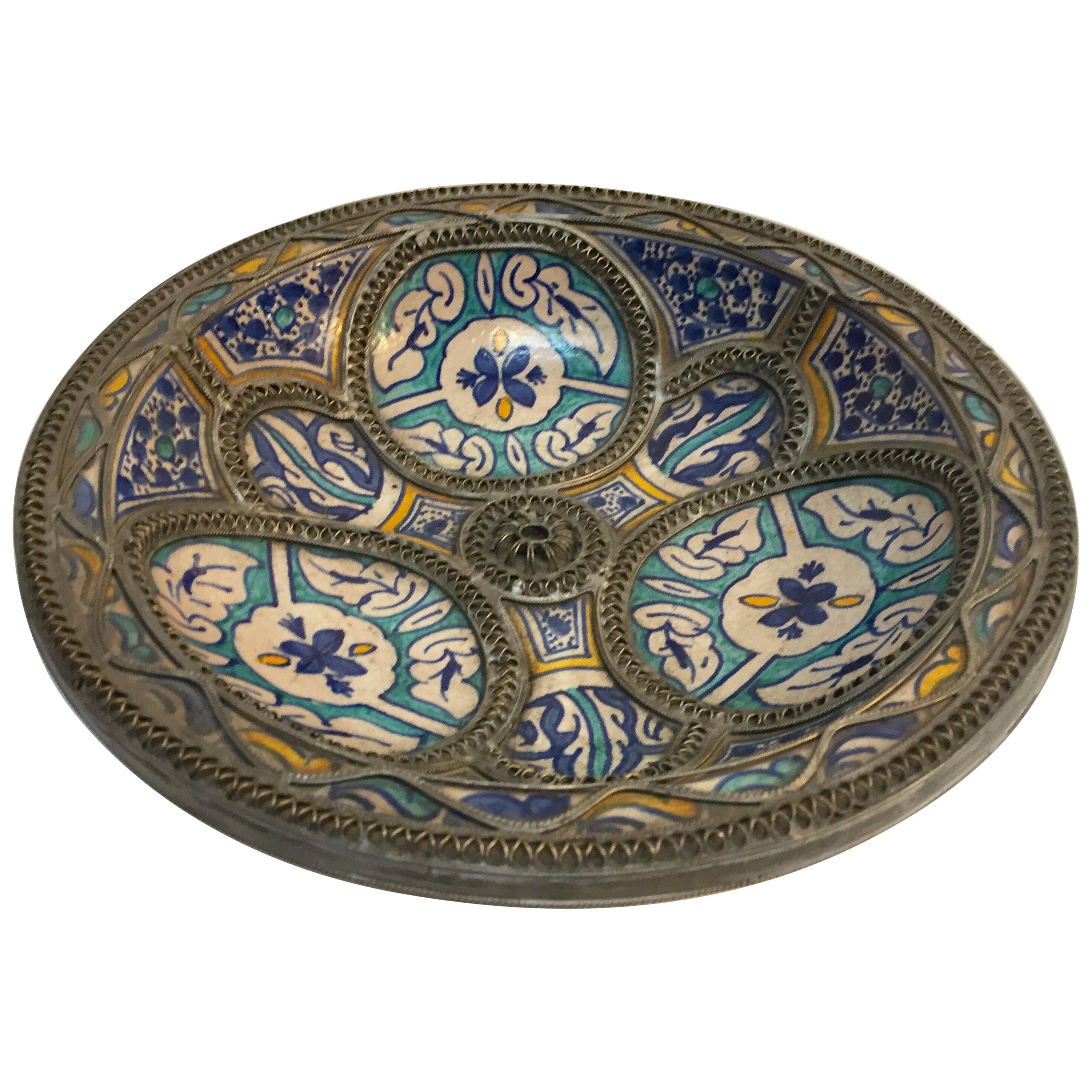 Polychrome Hand Painted Ceramic Decorative Plate with Moorish Floral