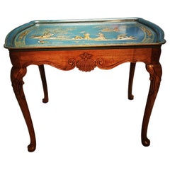 English Queen Anne Style Tea Table with Chinoiserie Tray Top