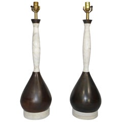 Pair of Midcentury Marble and Mahogany Table Lamps with Teardrop Shaped Base