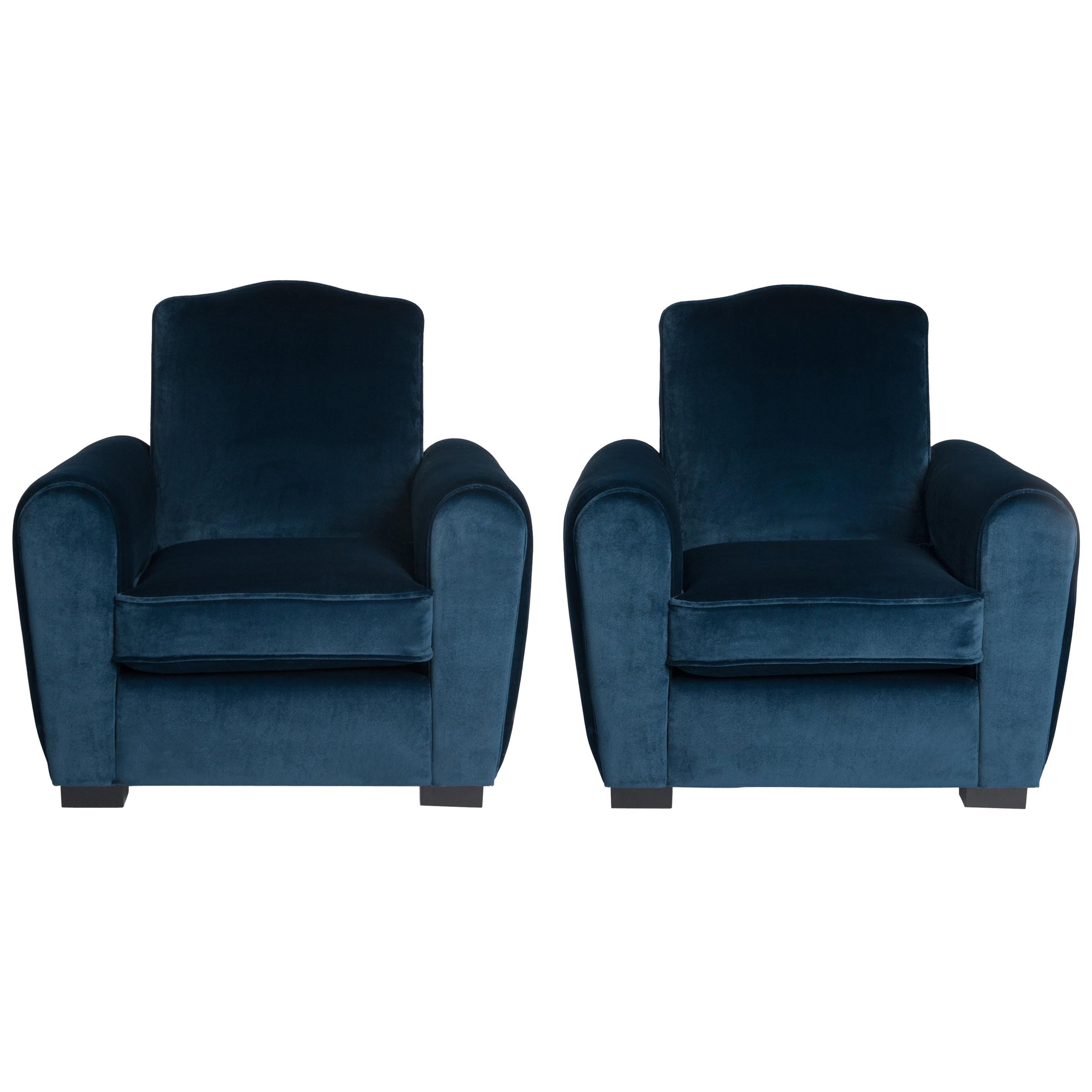 Pair of French Art Deco Armchairs or Club Chairs in Turquois Velvet from Rubelli