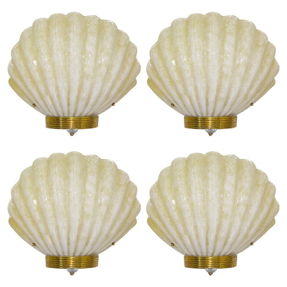 1970s Art Deco Style Vintage Shell Sconces in Gold & White Murano Glass For Sale