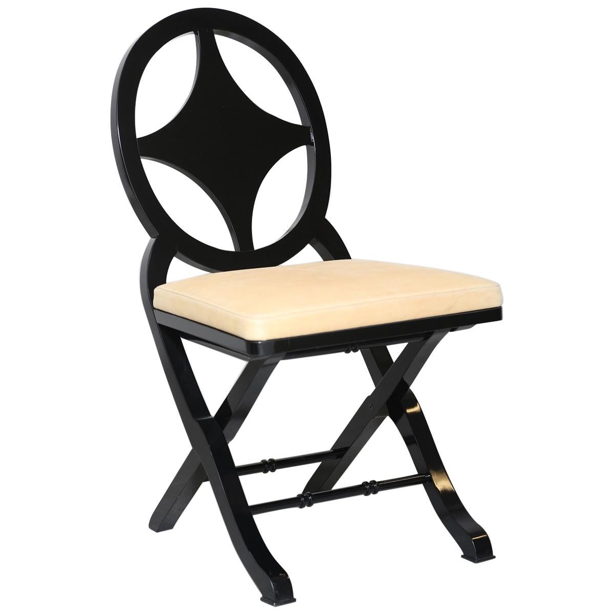 Pinto Paris Madeira Folding Chair Black with Tan Cushion, Made in France For Sale