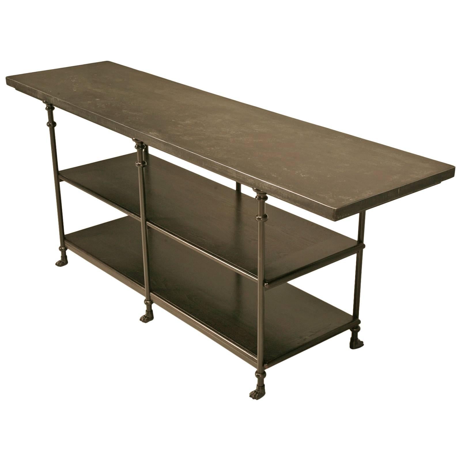 French Industrial Inspired Zinc, Bronze Handmade Kitchen Island Built to Order For Sale