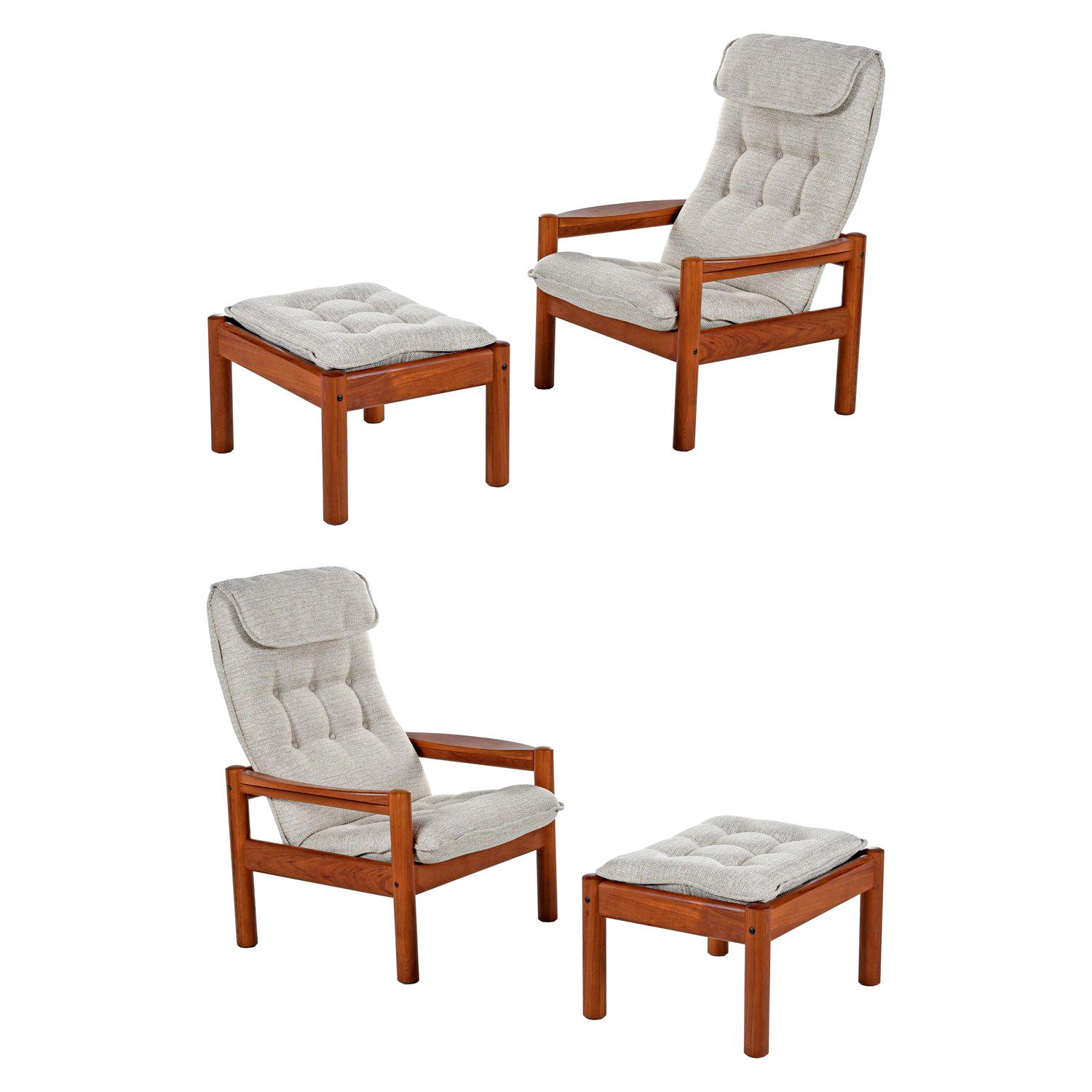 Domino Mobler Solid Teak Danish Modern Lounge Chairs and Ottomans New Upholstery