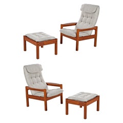 Domino Mobler Solid Teak Danish Modern Lounge Chairs and Ottomans New Upholstery
