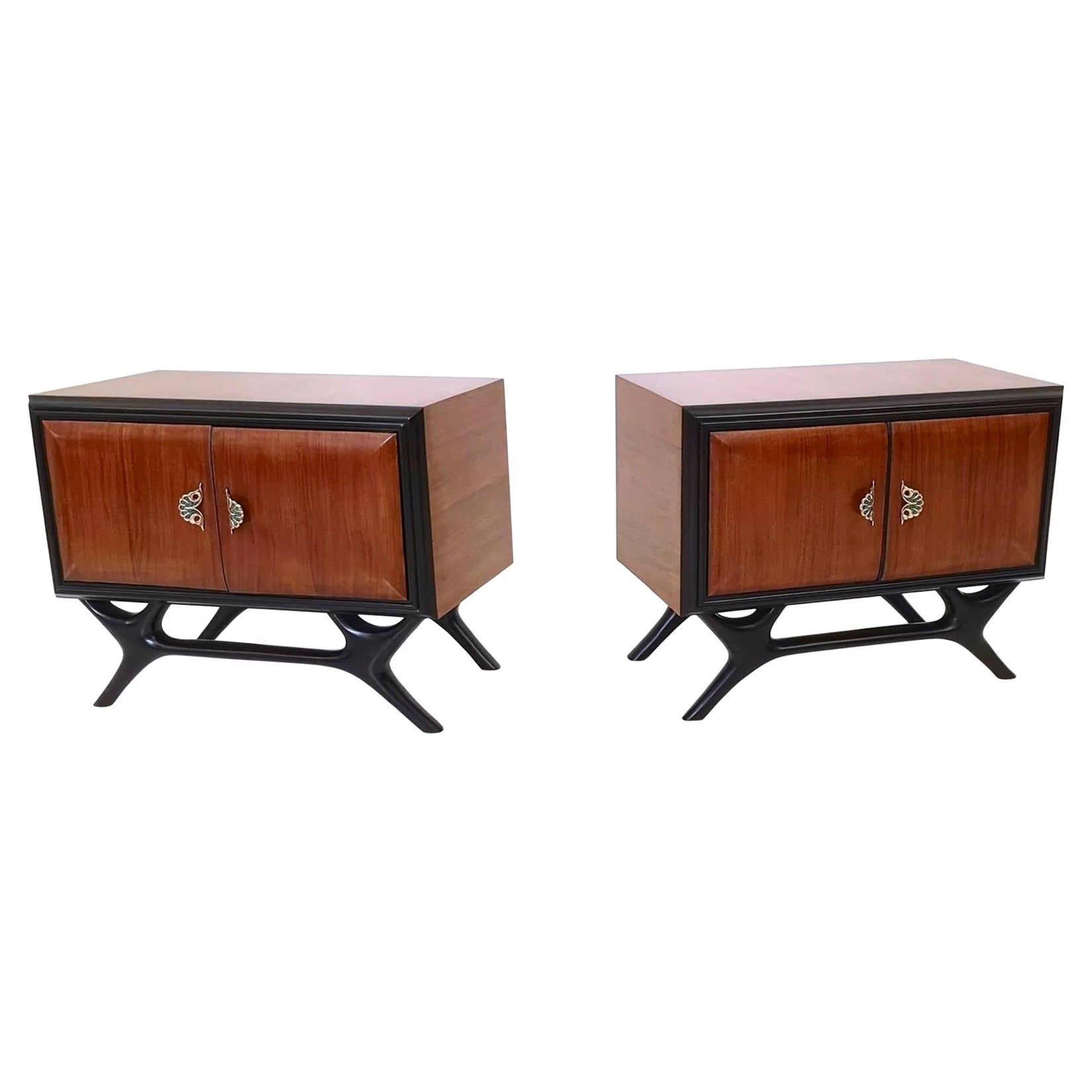 Pair of Vintage Walnut and Ebonized Wood Nightstands with Brass Handles, Italy