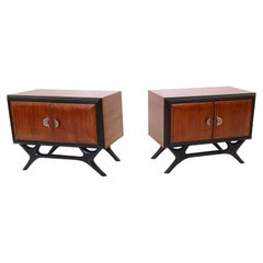 Pair of Vintage Walnut and Ebonized Wood Nightstands with Brass Handles, Italy