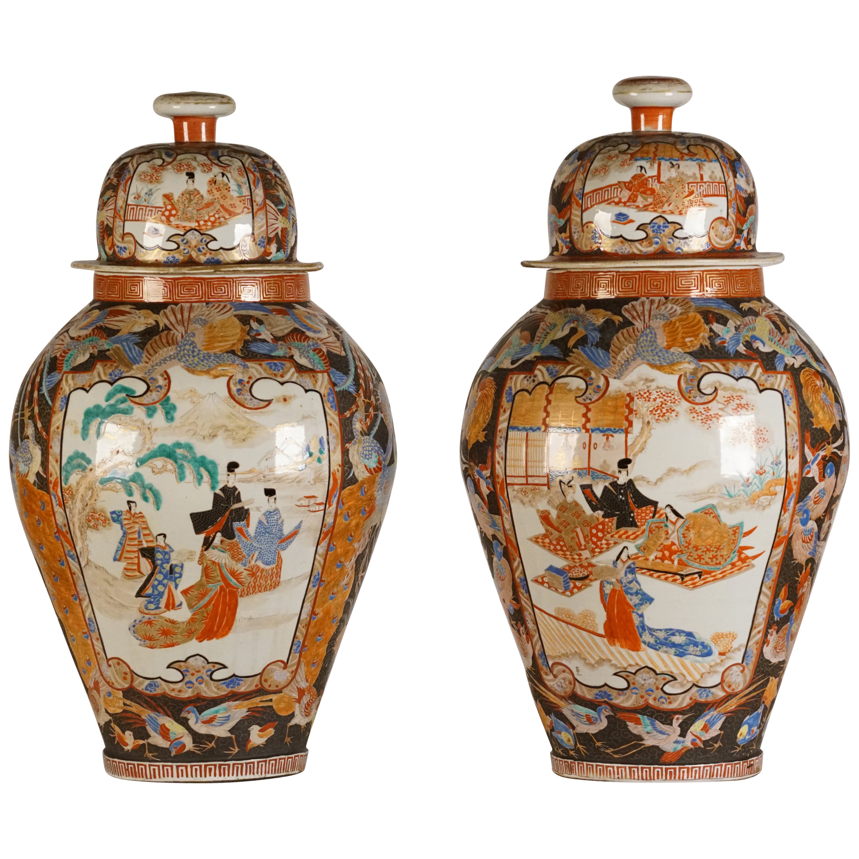 Pair of Antique Kutani Japanese Porcelain Vases For Sale at 1stDibs