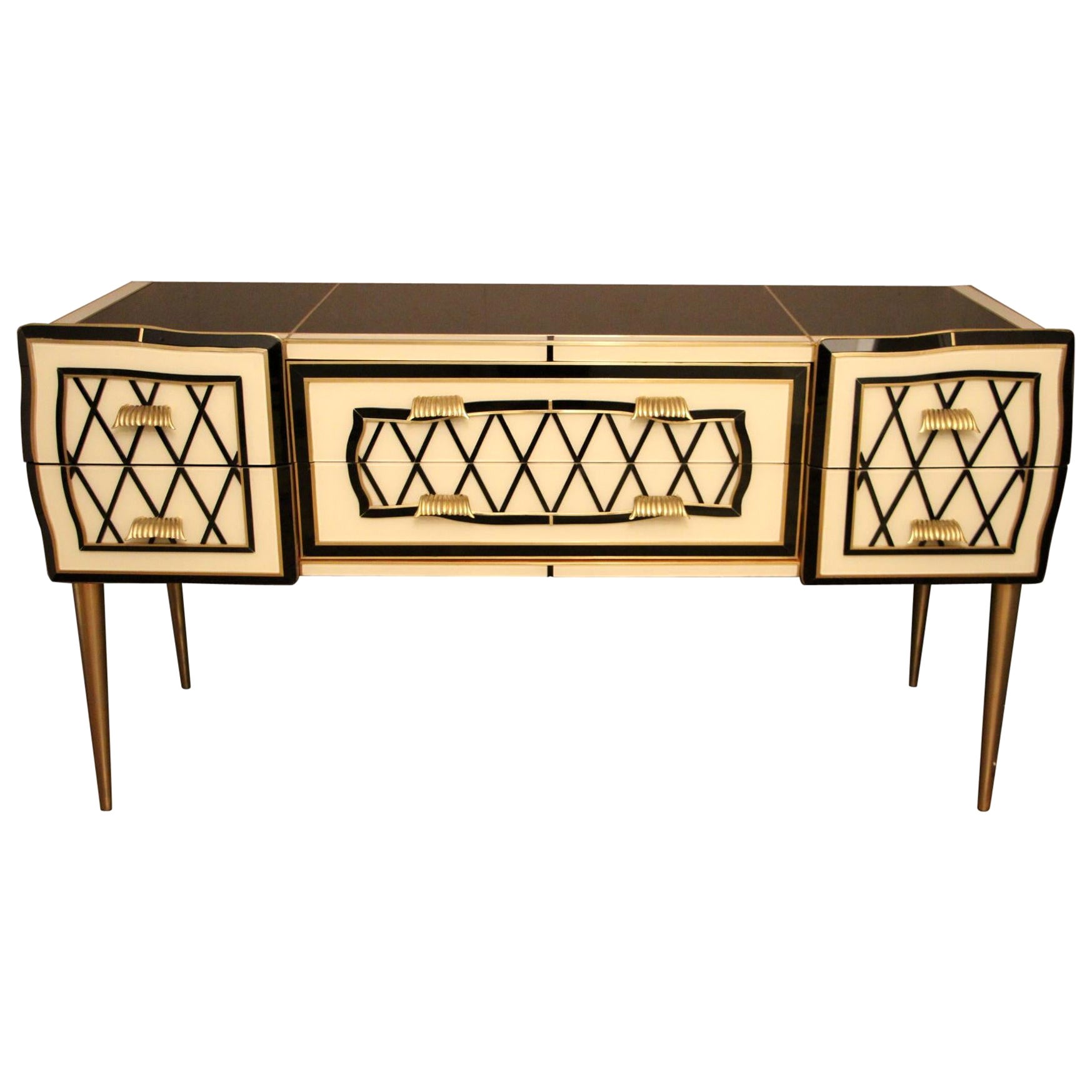 Murano Black and White Tinted Glass Commode or Sideboard with Brass Hardware