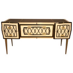 Vintage Murano Black and White Tinted Glass Commode or Sideboard with Brass Hardware