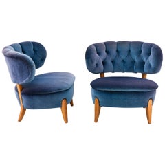 Pair of Blue Velvet Easy Chairs by Otto Schulz