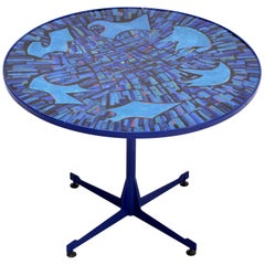 Tall Blue Italian Midcentury Dining Table with Enameled Copper Top, 1950s