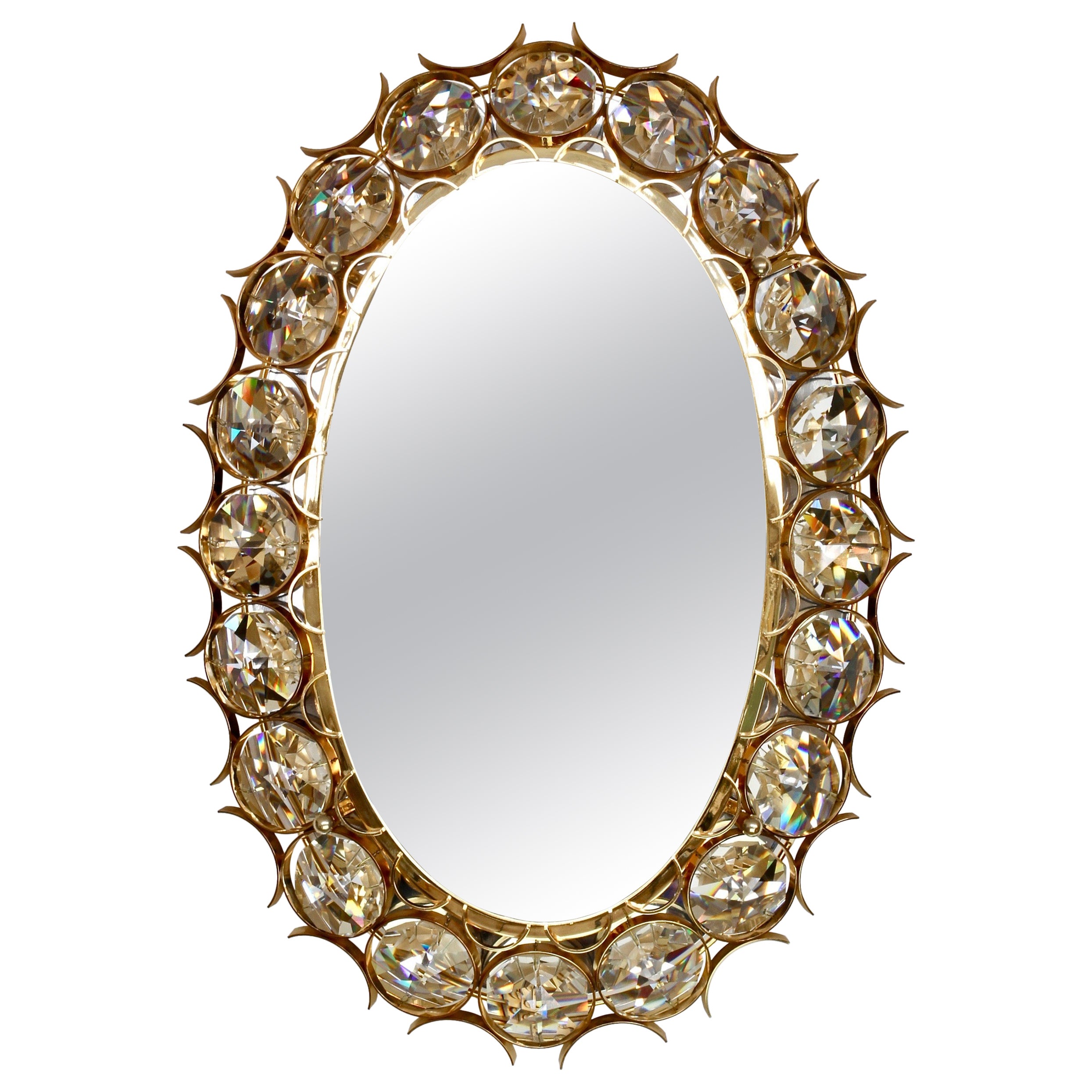Stunning Palwa Backlit Wall Hung Mirror with Gilt Brass & Cut Faceted Crystals For Sale