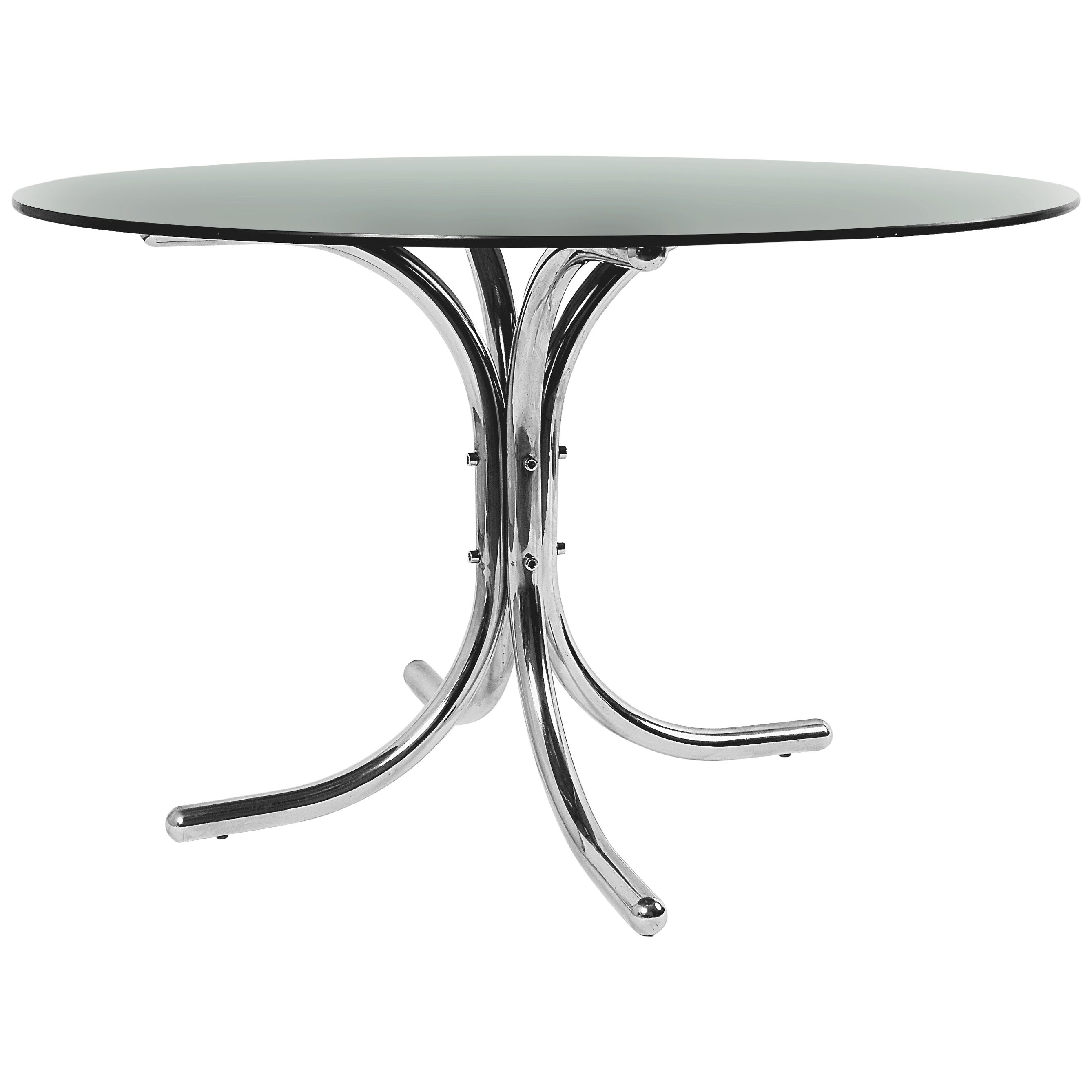 Italian Smoked Glass Dining Table with Curved Chromed Steel Legs, 1970s