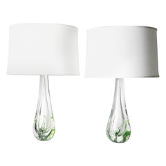Pair of Solid Clear Crystal Lamps with Sea Grass, Sweden, 1980