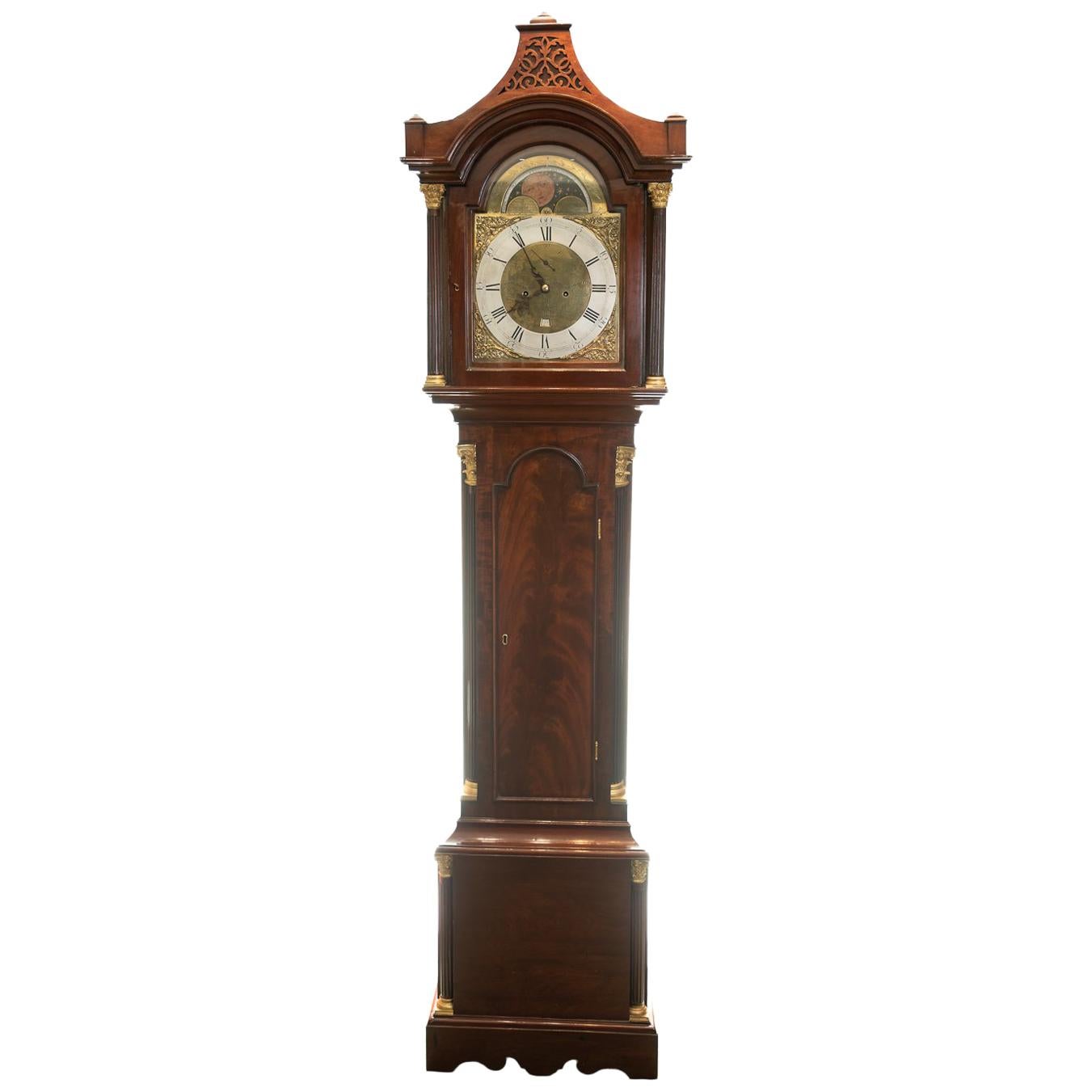 18th Century 8 Day Arched Brass Dial Moon Phase Longcase Clock For Sale
