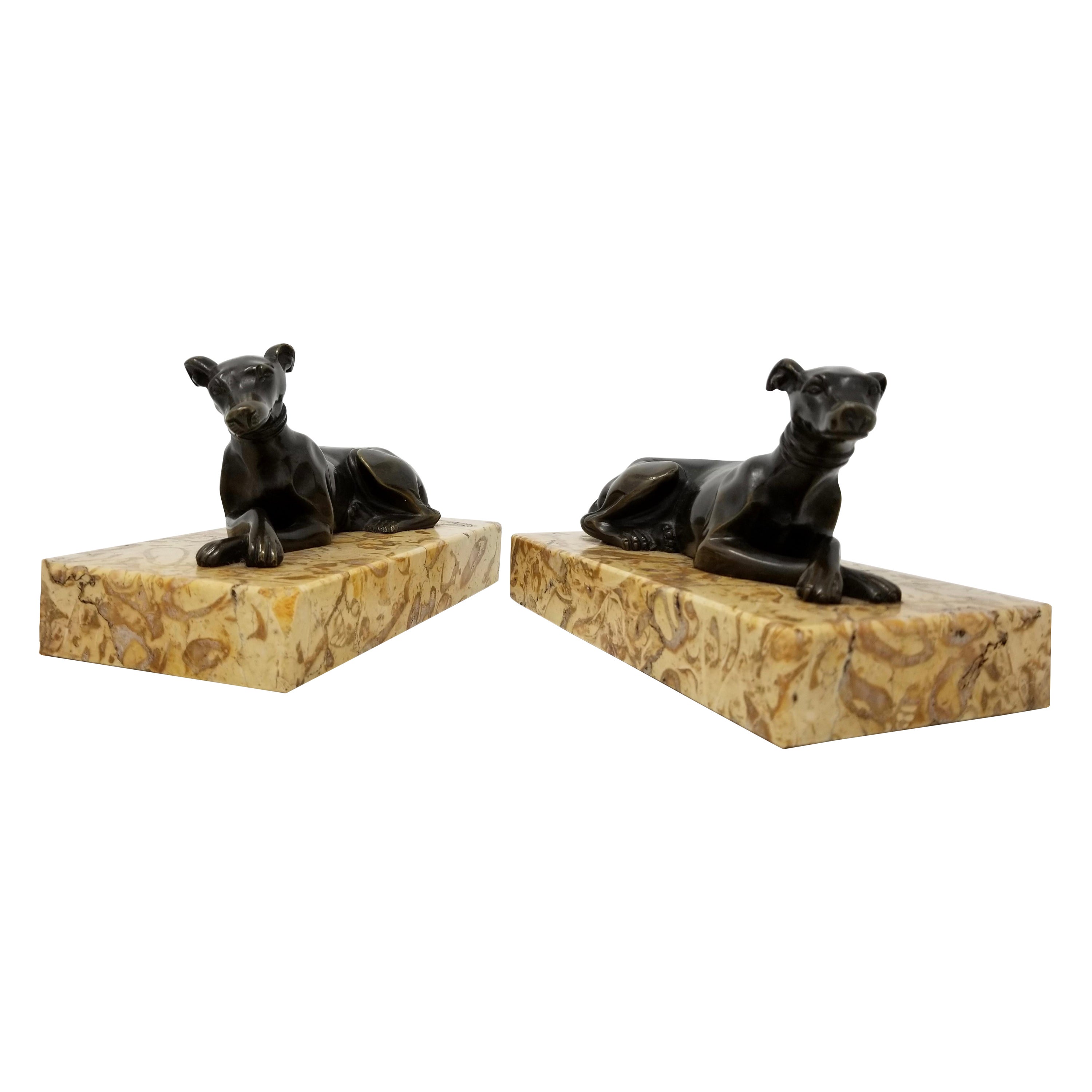 Pair of Antique Grand Tour Patinated Bronze Grey Hounds Seated Marble Plinths For Sale