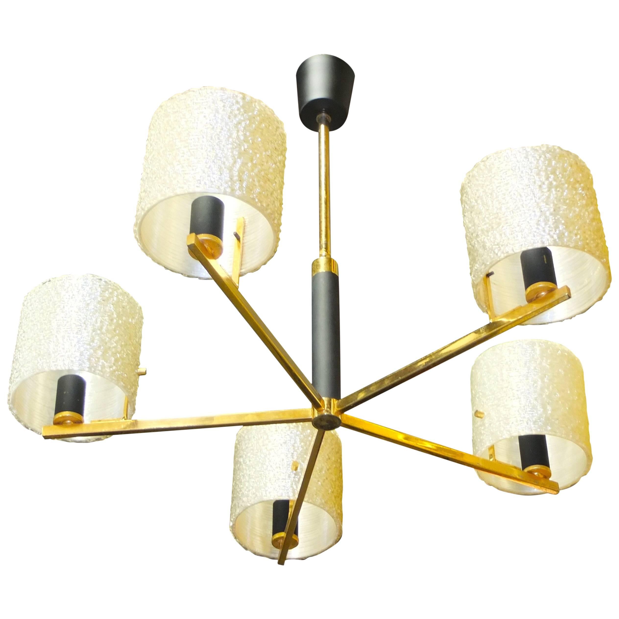 Maison Arlus Five-Arm Brass Chandelier with Spun Resin Shades For Sale