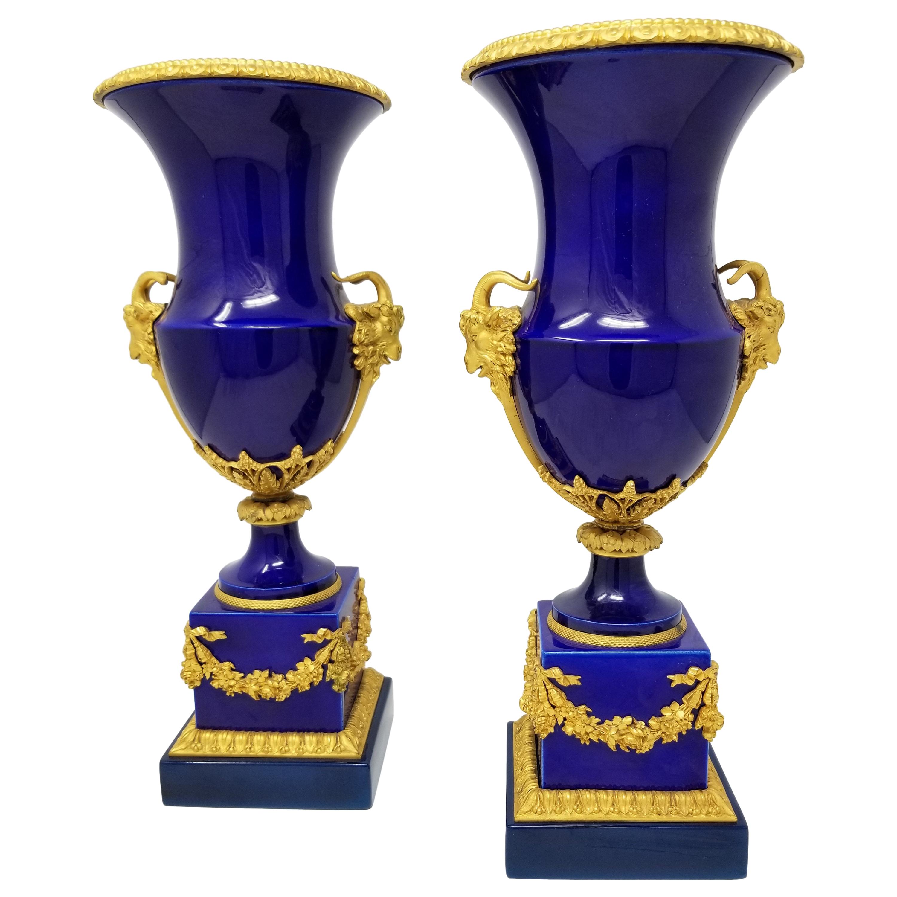 Beautiful Pair of French Louis XVI Sevres Cobalt Blue Porcelain and Ormolu Vases