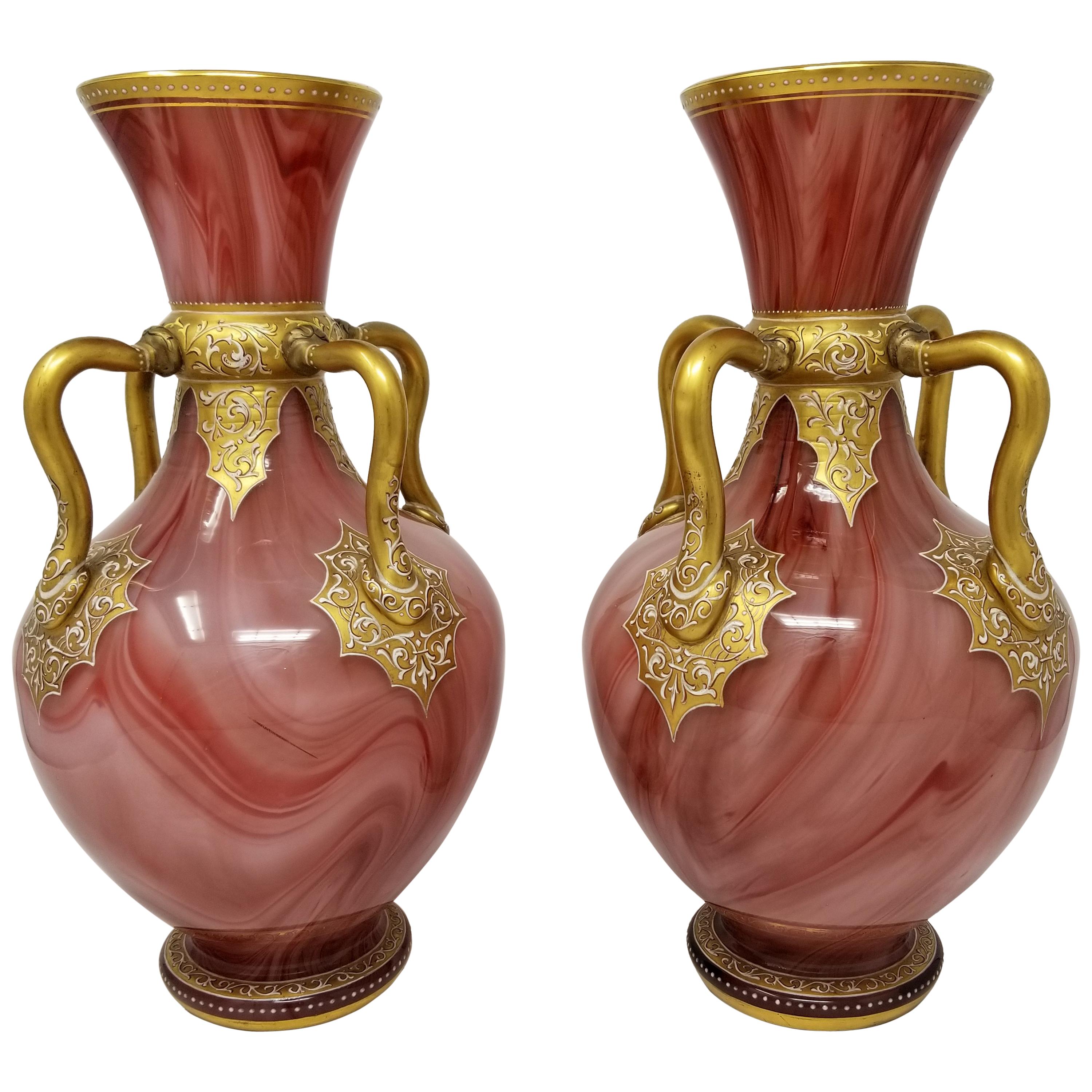 Fine Pair of Antique Enamel Marbleized Moser Glass Vases in Orientalist Style