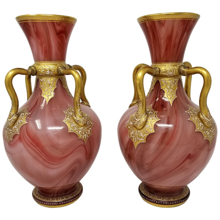 Fine Pair of Antique Enamel Marbleized Moser Glass Vases in Orientalist  Style For Sale at 1stDibs
