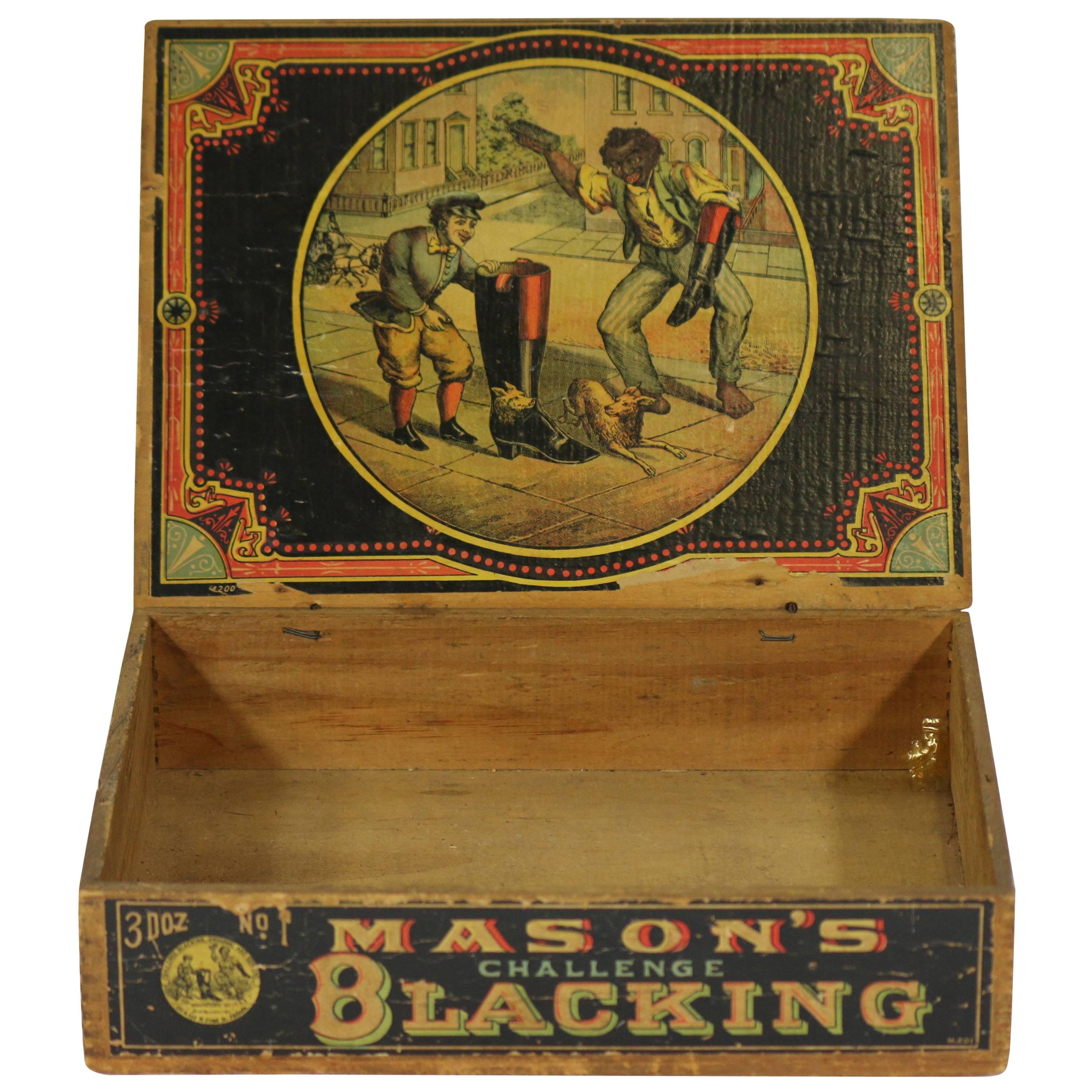 1800s Americana Advertising Masons Wood Blacking Box For Sale