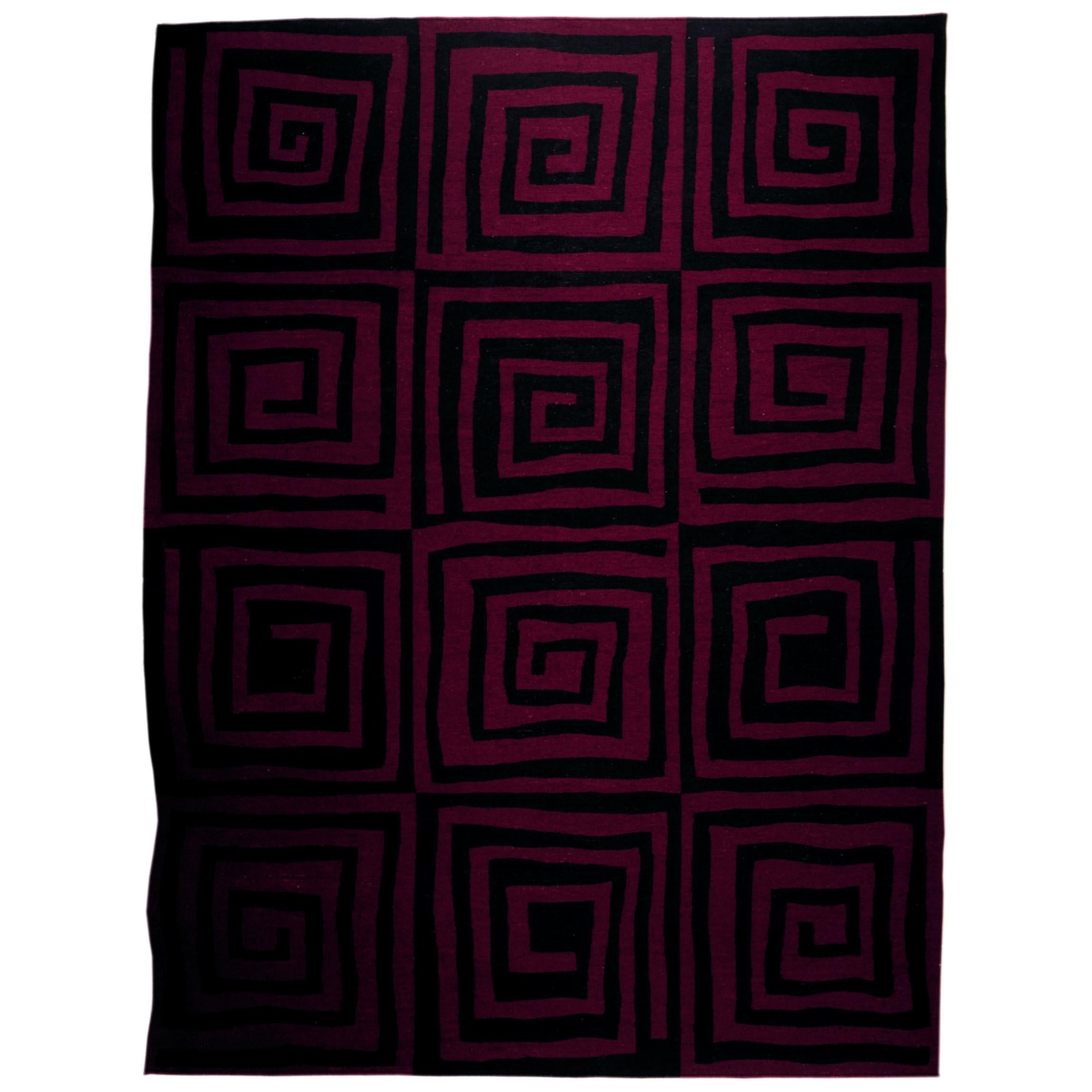Red and Black 'Fret' Handwoven Wool Rug with Spiral Design For Sale