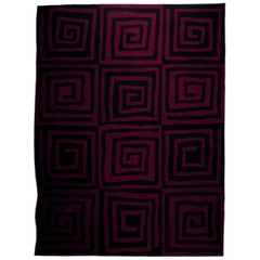 Red and Black 'Fret' Handwoven Wool Rug with Spiral Design