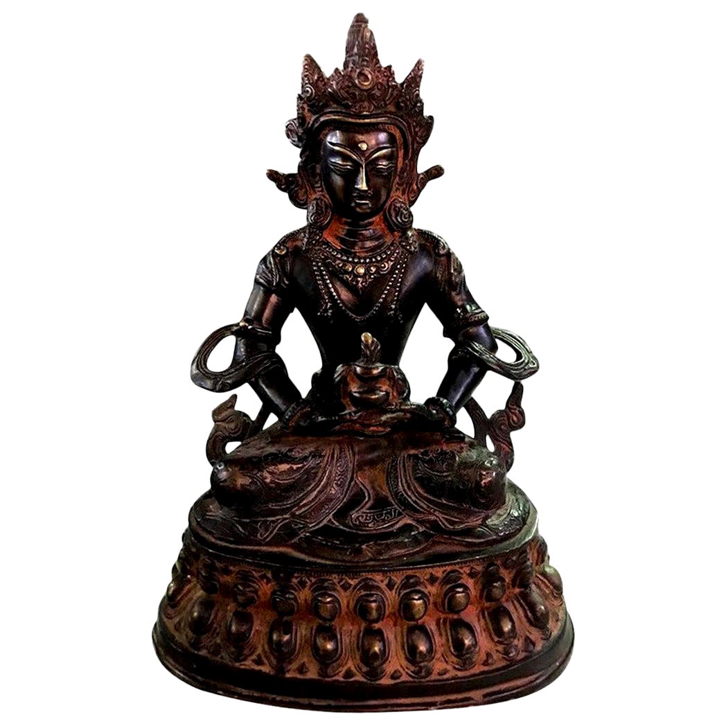 Tibetan Bronze and Gilt Temple Shrine Sculpture of Deity Bodhisattva White Tara For Sale